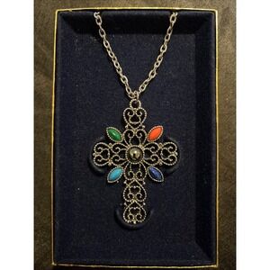 Avon Silver Tone Cross Pendant Necklace w/ Multicolor Accents - New In Box